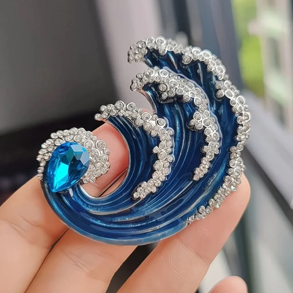 Ocean Wave Crystal Brooch Blue Rhinestone Statement Pin Coastal Jewelry